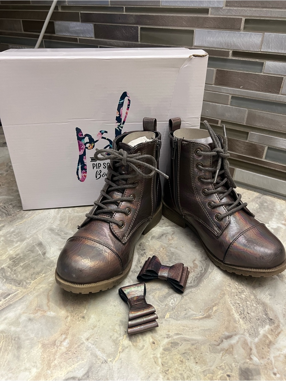 Scout Metallic Brown Lace-Up Girls' Combat Boots with Removable Bows